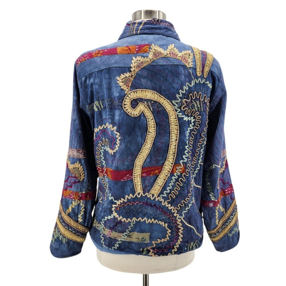 Vintage Norm Thompson Womens Large Jacket Patch Work Embroidered Tie Dye Blue - Picture 6 of 12